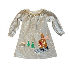 Baby Boden Blue Polka Dot Sledding Bunnies Applique Dress Size 6-12 Months